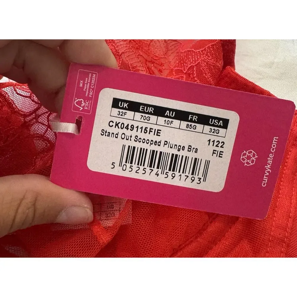 Curvy Kate Stand Out Plunge Underwire Bra Red 32G Full Cup Lace New